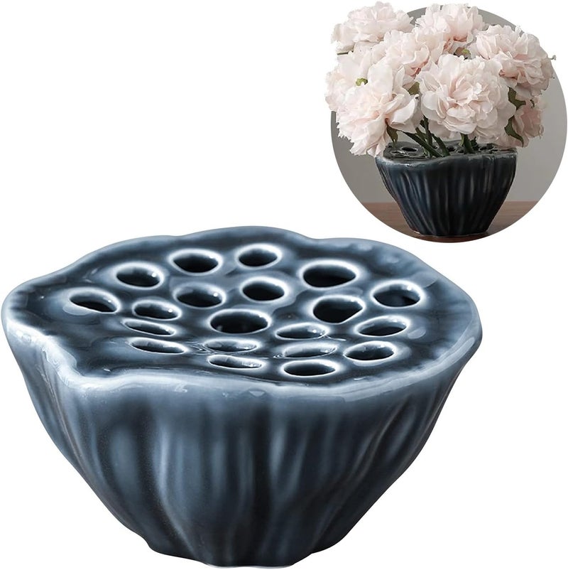 Eggone Lotus Pod Flower Arrangement Vase, Ceramic Flower Frog Pot, Ikebana Stem Holder, Decorative Flower Frog Container, Floral Arrangement Bowl for Tea Table, Ceramic Flower Vase Kenzan (Dark Blue) - Image 1